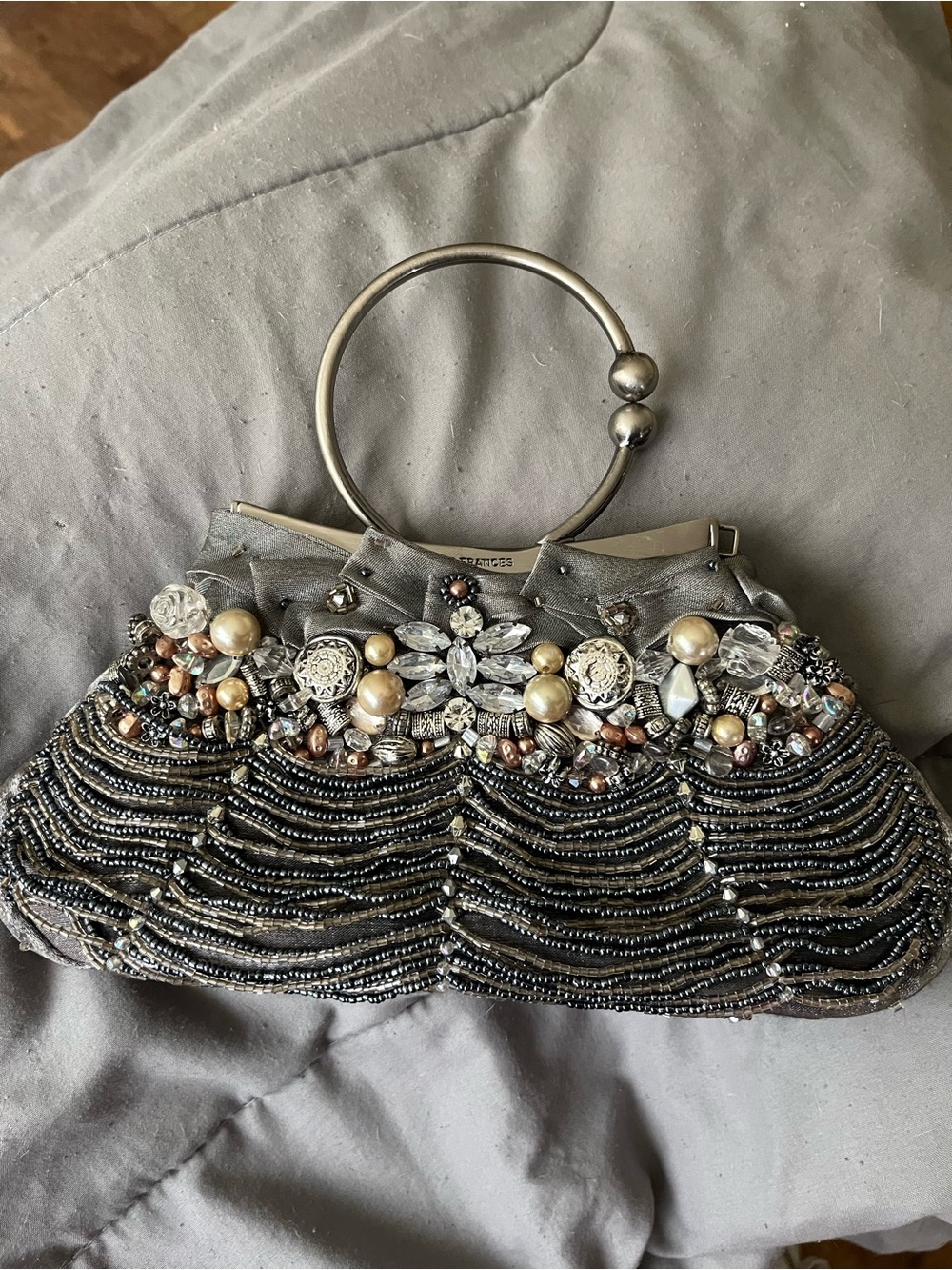 Vintage Mary Frances Gray Beaded Embellished Mini Handbag with Metal Ring Handle